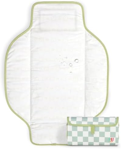 Travel changing mat with built-in pillow - Sage Checkers